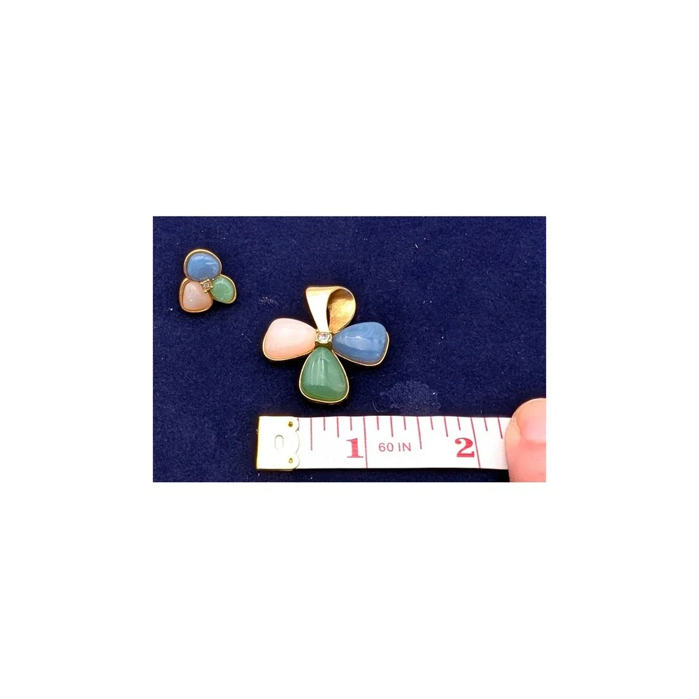 Vintage Avon Pastel Cabochon Flower Pendant Earrings Set Gold Tone Rhinestone